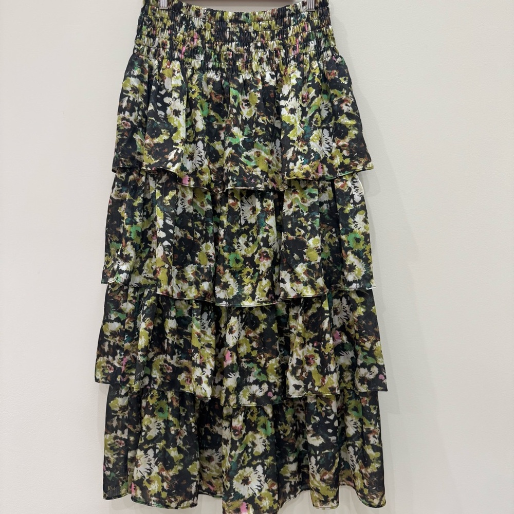 Industry Reflections Floral Tiered Ruffle Skirt Black Green Multi Size M - Picture 2 of 6
